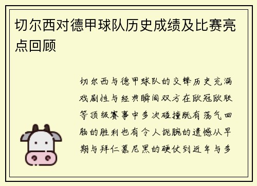 切尔西对德甲球队历史成绩及比赛亮点回顾